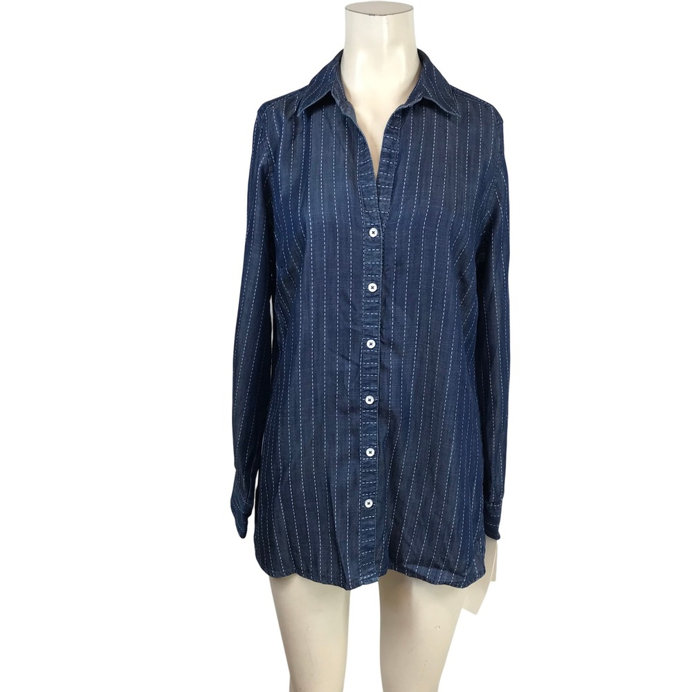 Foxcroft NYC Brycen Navy Blue Striped Tencel Button Down Shirt Womens Size 6 NEW
